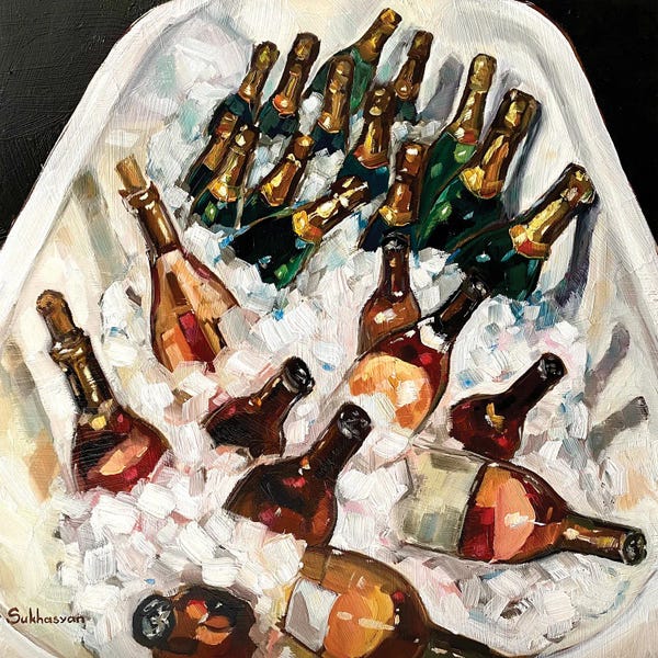 Still Lifes For The Modern World: Still life With Wine And Champagne Bottles In The Bathtub by Victoria Sukhasyan