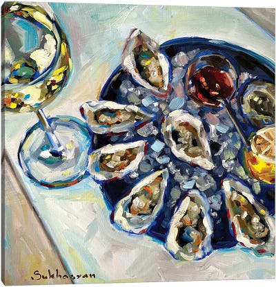 Still Life With White Wine And Oysters Canvas Art Print - Victoria Sukhasyan