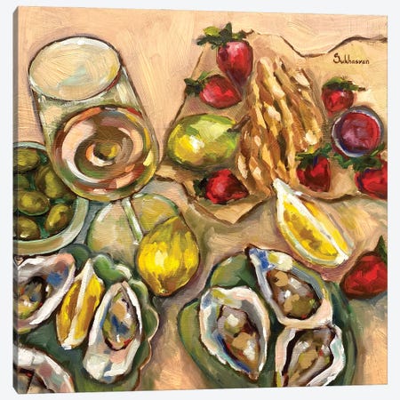 Still Life With Wine, Oysters, Strawberries And Lemons Canvas Print #VSH92} by Victoria Sukhasyan Canvas Print