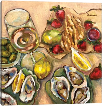 Still Life With Wine, Oysters, Strawberries And Lemons Canvas Art Print - Lemon & Lime Art