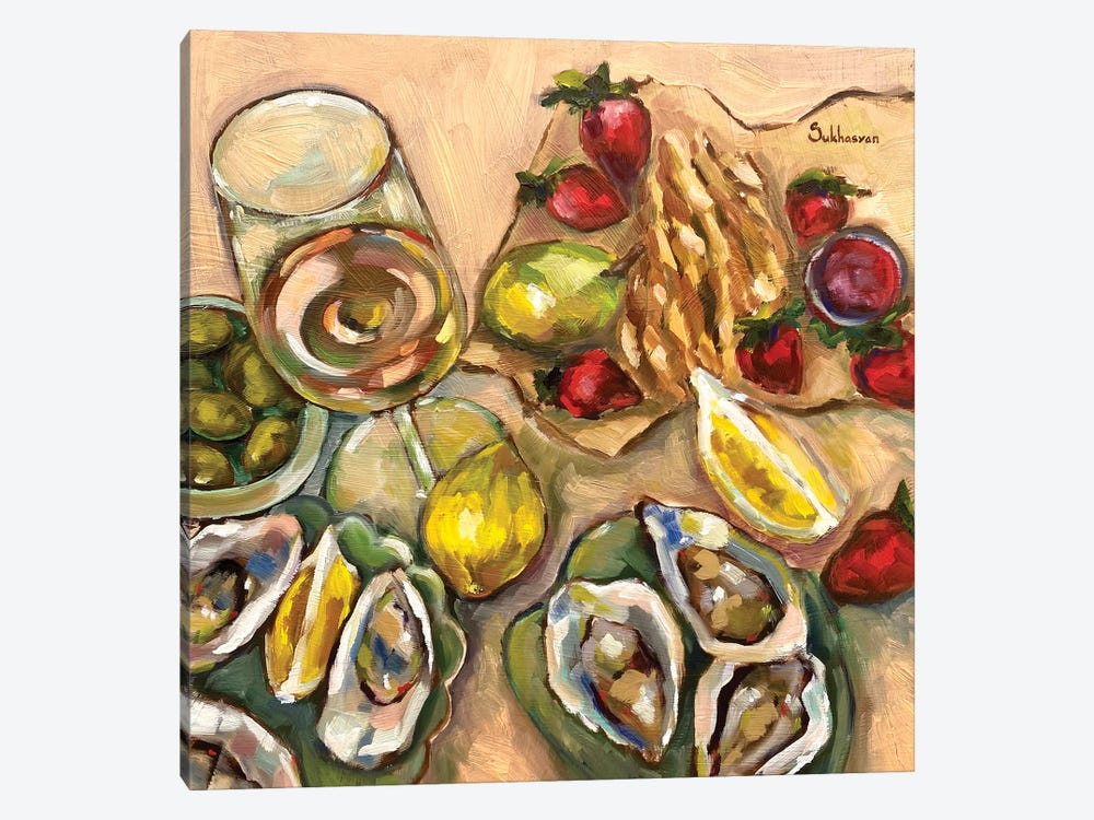 Still Life With Wine, Oysters, Strawberries And Lemons by Victoria Sukhasyan 1-piece Canvas Print
