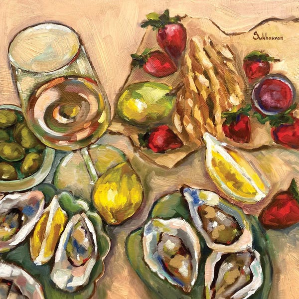 The Art Of Fine Dining: Still Life With Wine, Oysters, Strawberries And Lemons by Victoria Sukhasyan