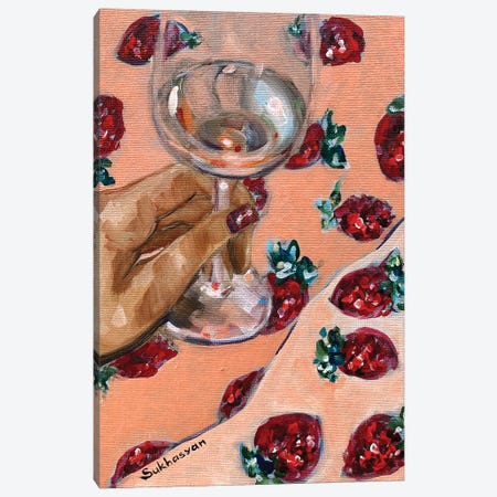 The Glass Of Wine And Glittery Strawberries Canvas Print #VSH94} by Victoria Sukhasyan Canvas Art