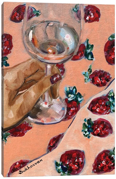 The Glass Of Wine And Glittery Strawberries Canvas Art Print - Victoria Sukhasyan