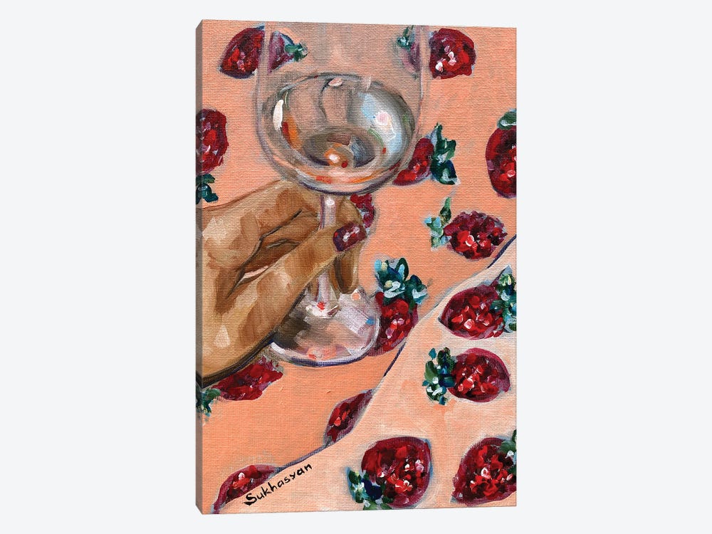 The Glass Of Wine And Glittery Strawberries by Victoria Sukhasyan 1-piece Canvas Art Print
