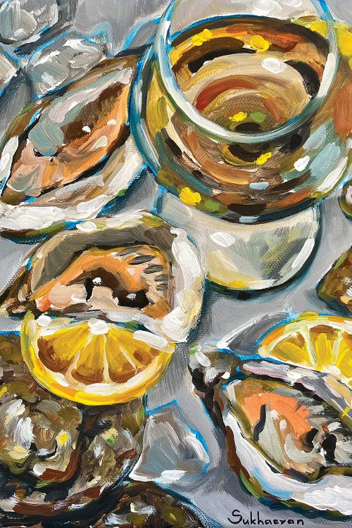 Still Life With The Glass Of White Wine, Oysters And Lemon Slices by Victoria Sukhasyan wall art