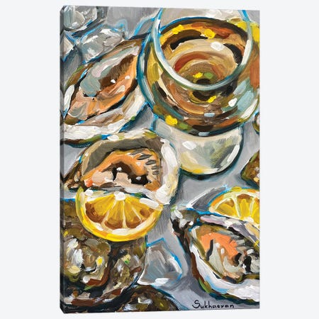 Still Life With The Glass Of White Wine, Oysters And Lemon Slices Canvas Print #VSH95} by Victoria Sukhasyan Canvas Art