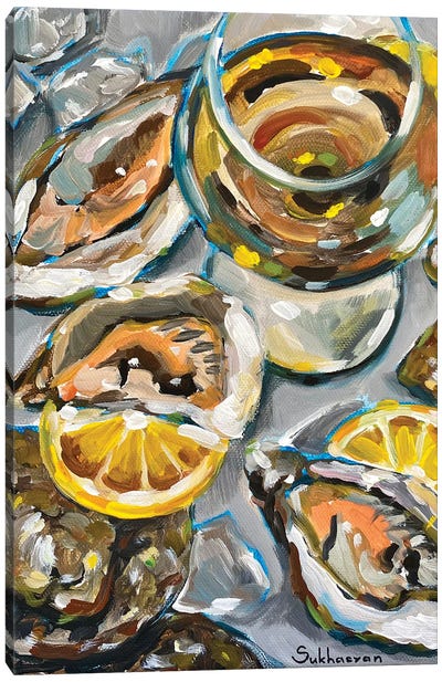 Still Life With The Glass Of White Wine, Oysters And Lemon Slices Canvas Art Print - Victoria Sukhasyan