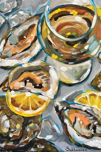 Kitchen: Still Life With The Glass Of White Wine, Oysters And Lemon Slices by Victoria Sukhasyan