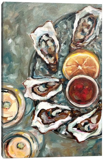 Still Life With Wine, Oysters And Lemons Canvas Art Print - Victoria Sukhasyan