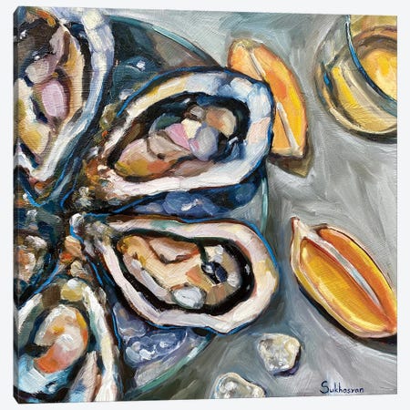Still Life With Wine, Oysters And Lemons II Canvas Print #VSH99} by Victoria Sukhasyan Art Print