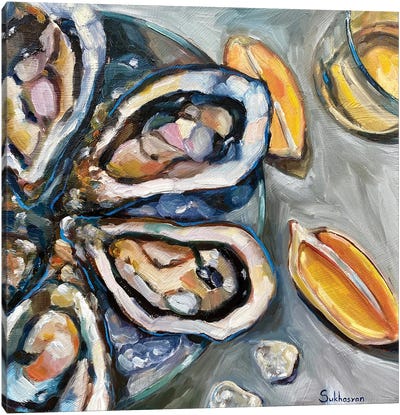 Still Life With Wine, Oysters And Lemons II Canvas Art Print - Seafood Art