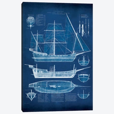 Antique Ship Blueprint I Canvas Print #VSN5} by Vision Studio Canvas Art