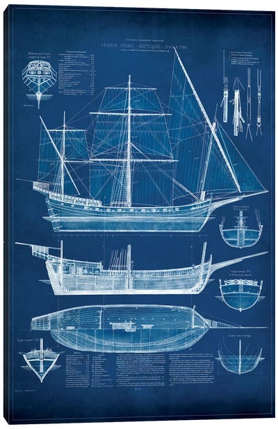Antique Ship Blueprint I Canvas Art Print - Vision Studio
