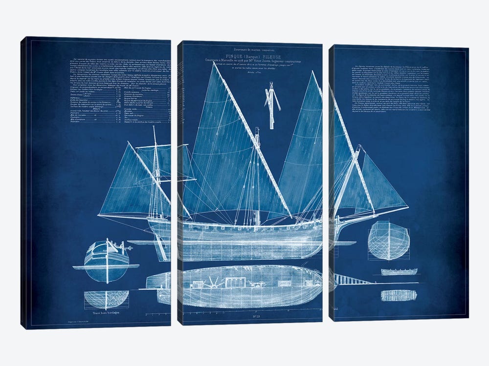 Antique Ship Blueprint III 3-piece Canvas Print