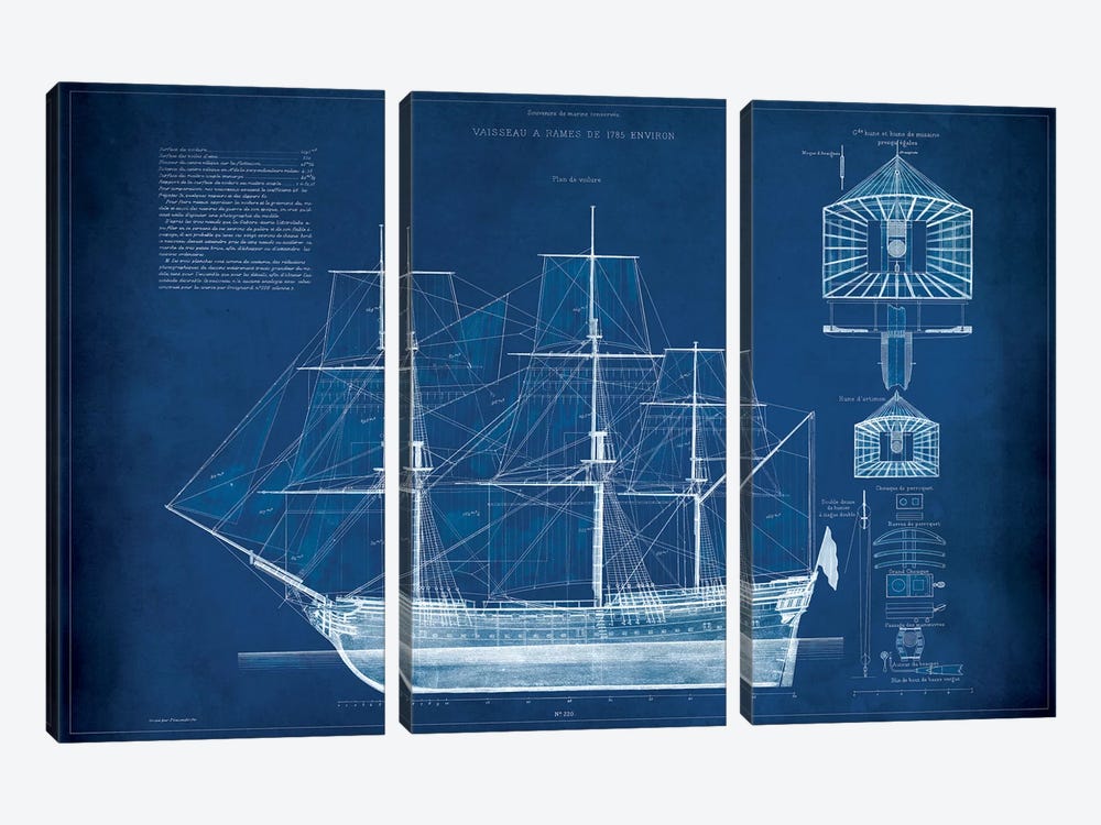 Antique Ship Blueprint IV by Vision Studio 3-piece Canvas Wall Art