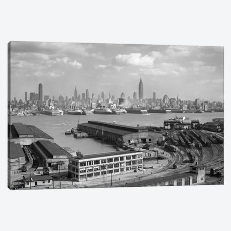 1930s Manhattan NYC Skyline Rockefeller Center To 14th Street And Ocean Liners View From Weehawken NJ USA Canvas Print #VTG105} by Vintage Images Canvas Wall Art