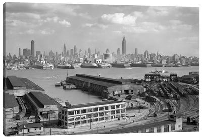 1930s Manhattan NYC Skyline Rockefeller Center To 14th Street And Ocean Liners View From Weehawken NJ USA Canvas Art Print