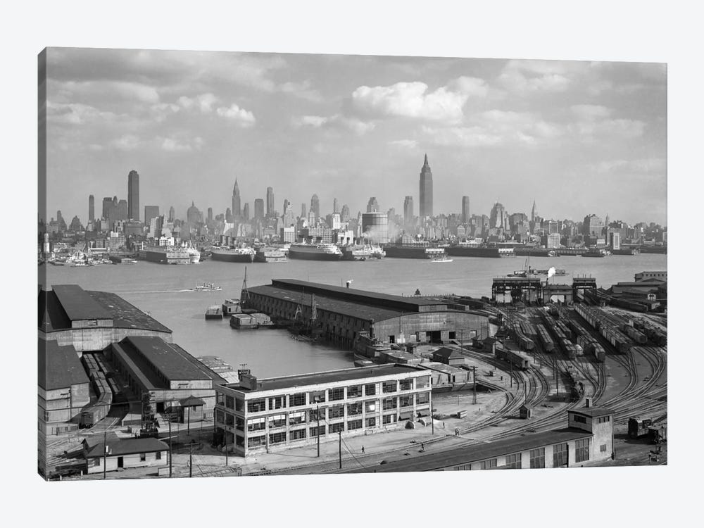 1930s Manhattan NYC Skyline Rockefeller Center To 14th Street And Ocean Liners View From Weehawken NJ USA by Vintage Images 1-piece Canvas Art