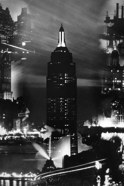 1930s Montage Of New York City Buildings At Night With Empire State Building In Center by Vintage Images framed wall art