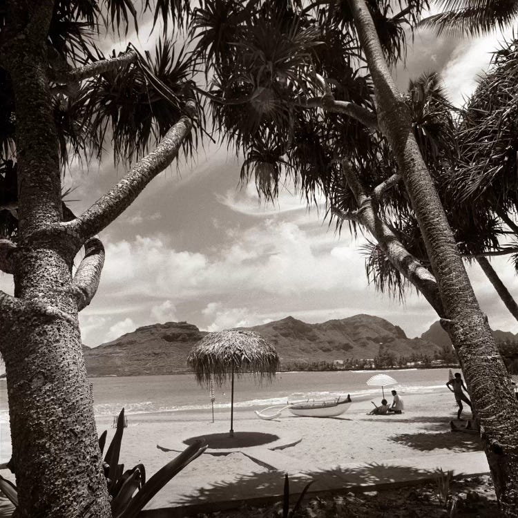 1930s Mountains Beach Relaxing Vacation Sun Sunshine Umbrella Boat Canoe Shore Clouds Silhouette Couple