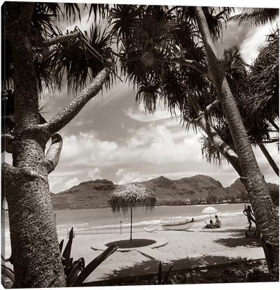 1930s Mountains Beach Relaxing Vacation Sun Sunshine Umbrella Boat Canoe Shore Clouds Silhouette Couple Canvas Art Print - Vintage Images