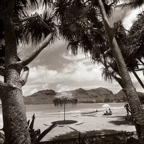 Sepia Photography: 1930s Mountains Beach Relaxing Vacation Sun Sunshine Umbrella Boat Canoe Shore Clouds Silhouette Couple by Vintage Images