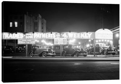 1930s New And Used Car Lot At Night Automobile Sales Sixth Avenue & Waverly Street Greenwich Village New York City USA Canvas Art Print - Vintage Images