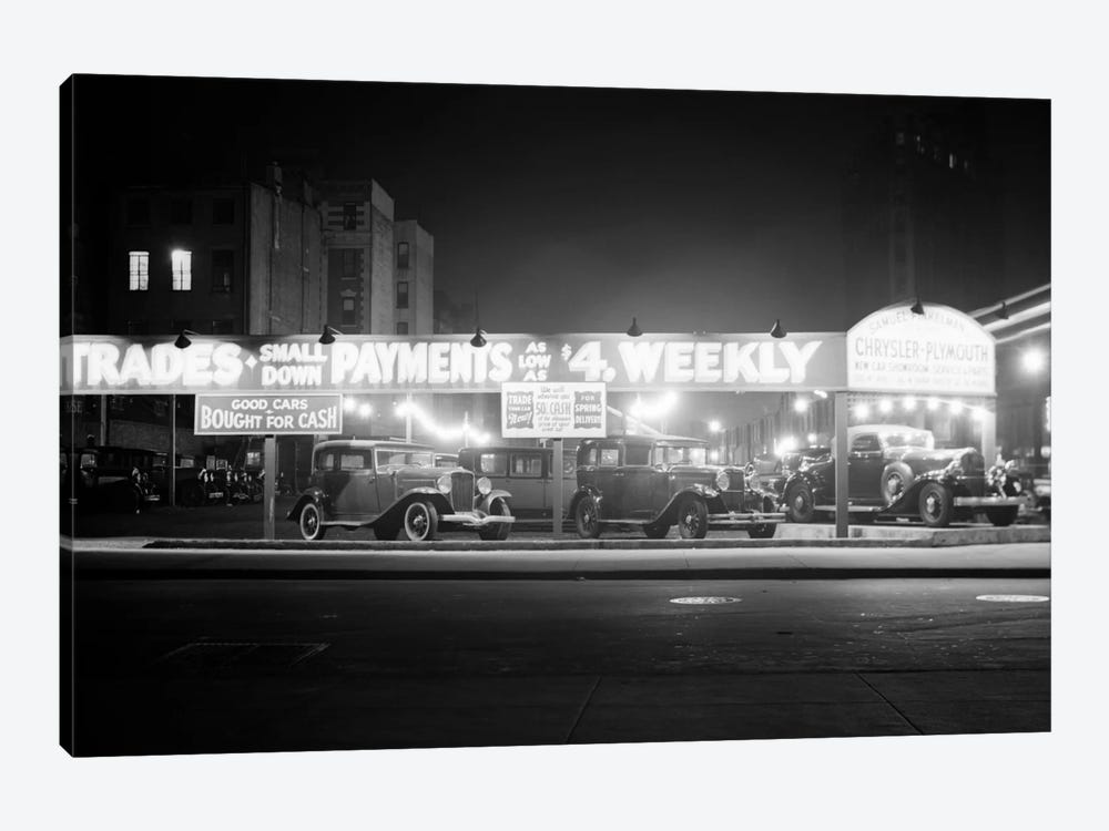 1930s New And Used Car Lot At Night Automobile Sales Sixth Avenue & Waverly Street Greenwich Village New York City USA by Vintage Images 1-piece Canvas Art Print