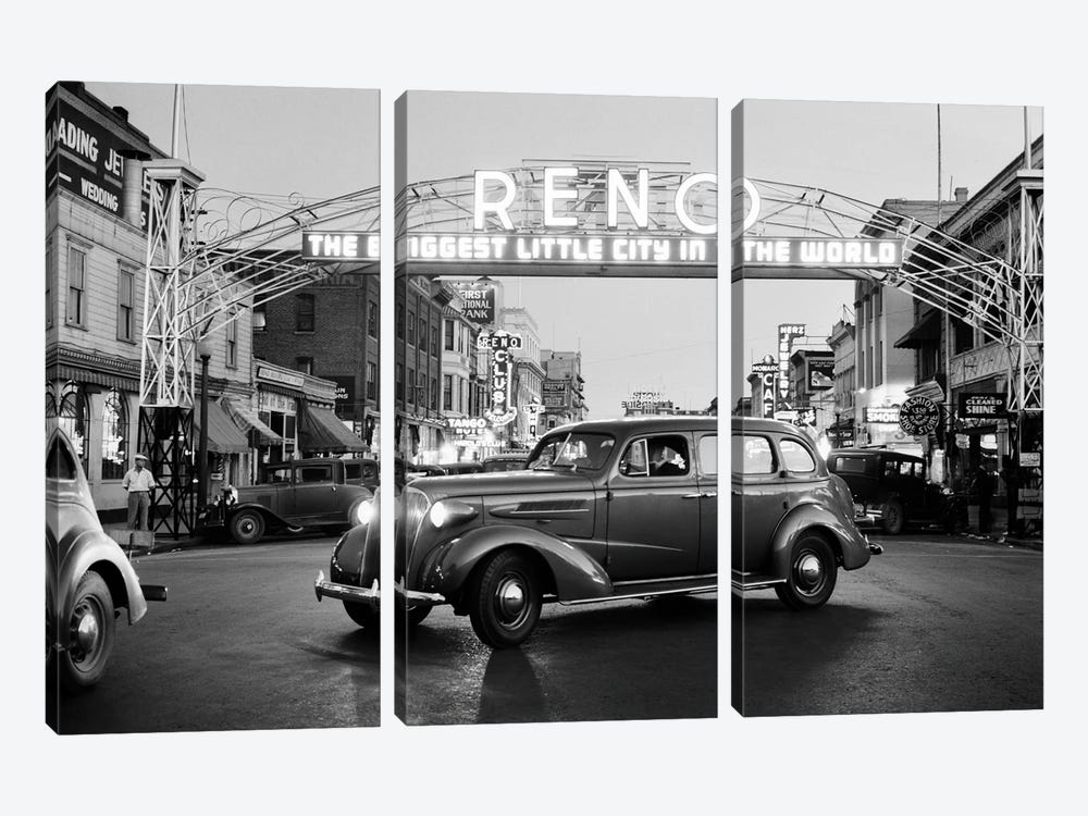 1930s Night Of Arch Over Main Street Reno Nevada Neon Sign The Biggest Little City In The World by Vintage Images 3-piece Canvas Art