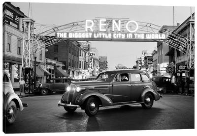 1930s Night Of Arch Over Main Street Reno Nevada Neon Sign The Biggest Little City In The World Canvas Art Print - Automobile Art