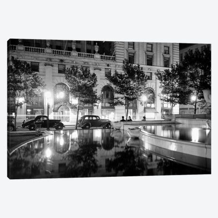 1930s Night Scene 5Th Avenue Tree Lined Sidewalk Cars Anonymous Silhouetted Men Reflecting Water In Pulitzer Fountain NYC USA Canvas Print #VTG117} by Vintage Images Canvas Art Print