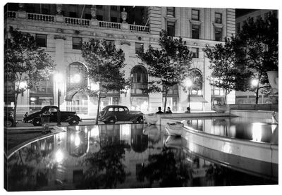 1930s Night Scene 5Th Avenue Tree Lined Sidewalk Cars Anonymous Silhouetted Men Reflecting Water In Pulitzer Fountain NYC USA Canvas Art Print - Vintage Images