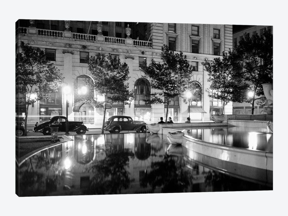 1930s Night Scene 5Th Avenue Tree Lined Sidewalk Cars Anonymous Silhouetted Men Reflecting Water In Pulitzer Fountain NYC USA by Vintage Images 1-piece Art Print