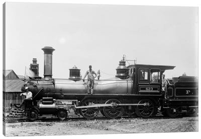 1900s Three Men Workers Standing On Train Steam Engine Canvas Art Print - Train Art