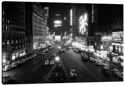 1930s Overhead Of Times Square Lit Up At Night With Cars Lining Curbs NYC NY USA Canvas Art Print - Vintage Images