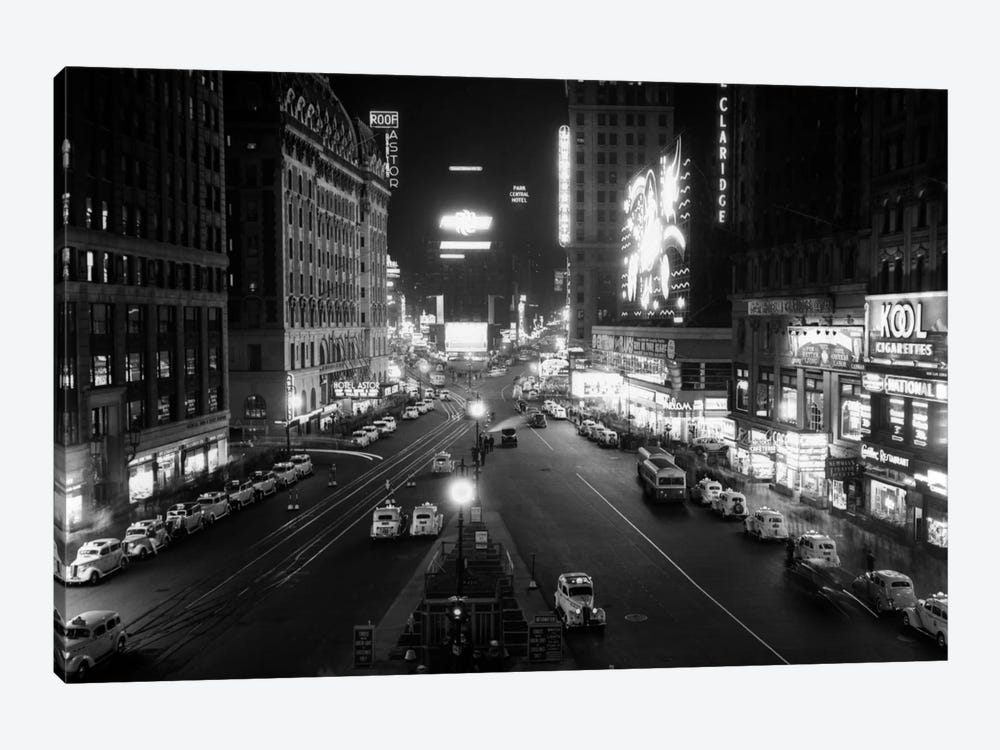1930s Overhead Of Times Square Lit Up At Night With Cars Lining Curbs NYC NY USA by Vintage Images 1-piece Canvas Wall Art
