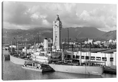 1930s Ship Freighter At Dock By Aloha Tower Built 1926 Port Of Honolulu Hawaii Canvas Art Print - Honolulu Art