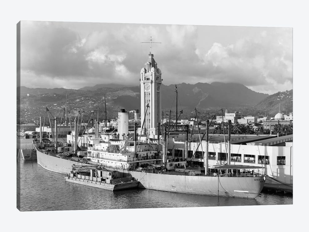 1930s Ship Freighter At Dock By Aloha Tower Built 1926 Port Of Honolulu Hawaii by Vintage Images 1-piece Canvas Art Print