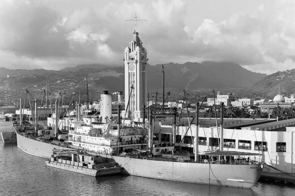Hawaii: 1930s Ship Freighter At Dock By Aloha Tower Built 1926 Port Of Honolulu Hawaii by Vintage Images