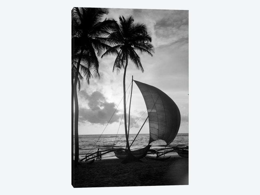 1930s Single Catamaran On Tropical Beach At Sunset Palm Trees Sri Lanka by Vintage Images 1-piece Canvas Art