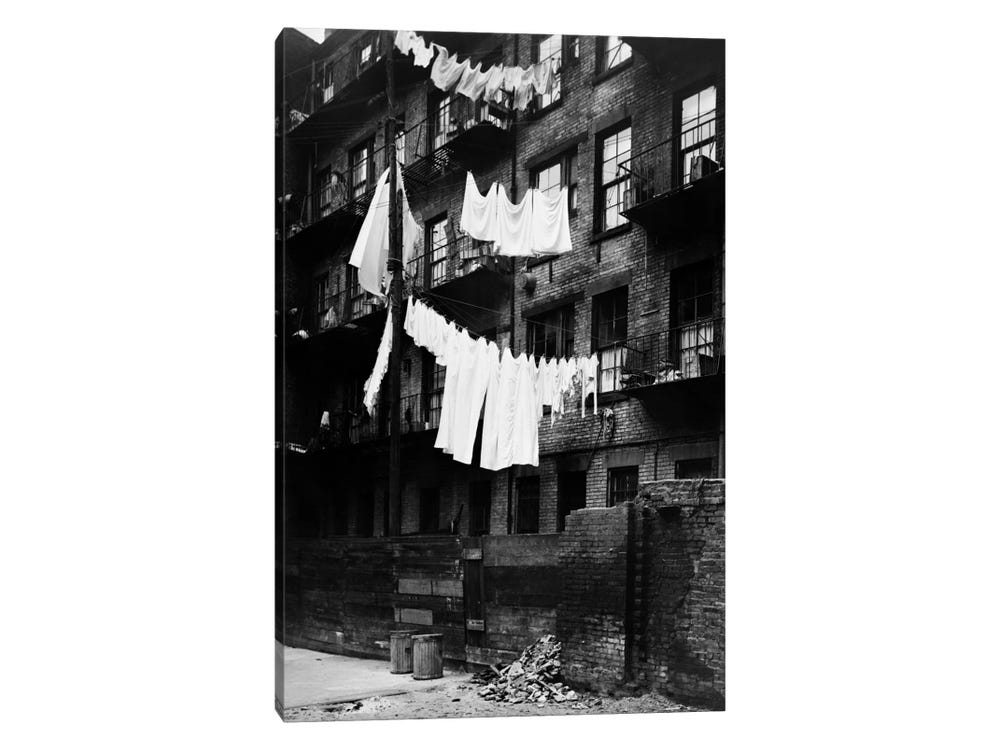 Framed Canvas Art (Gold Floating Frame) - 1930s Tenement Building with Laundry Hanging On Clotheslines I by Vintage Images ( scenic & landscapes >