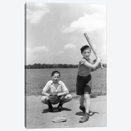 1930s Two Boys Batter And Catcher Playing Baseball Canvas Print #VTG134} by Vintage Images Canvas Art Print