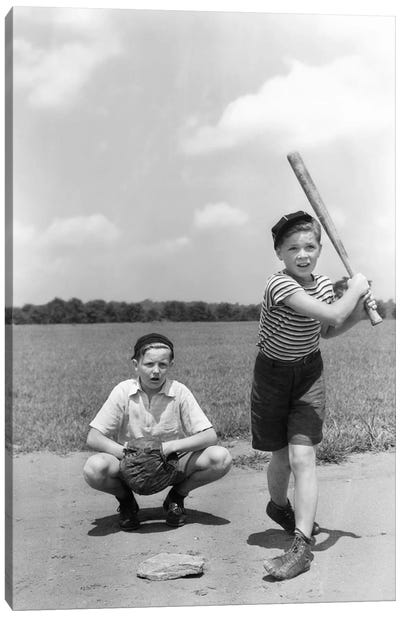 1930s Two Boys Batter And Catcher Playing Baseball Canvas Art Print - Baseball Art