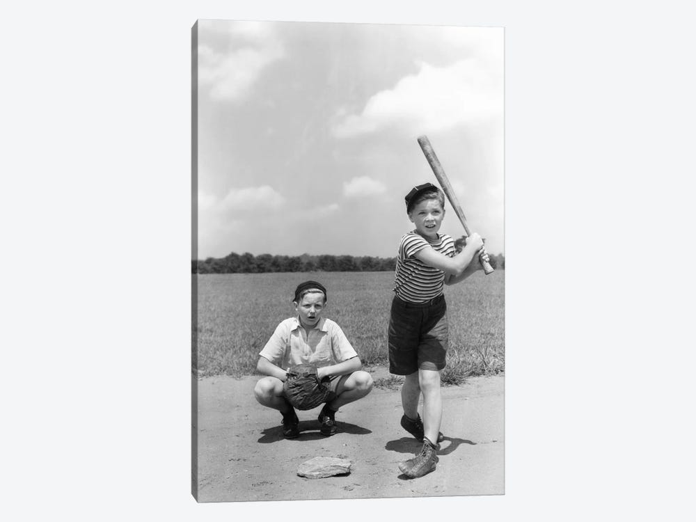 1930s Two Boys Batter And Catcher Playing Baseball by Vintage Images 1-piece Canvas Wall Art
