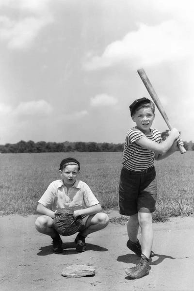 Kids Sports Art: 1930s Two Boys Batter And Catcher Playing Baseball by Vintage Images