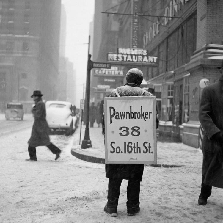 1930s Winter Street Scene Of Man Wearing Pawnbroker Sandwich Board