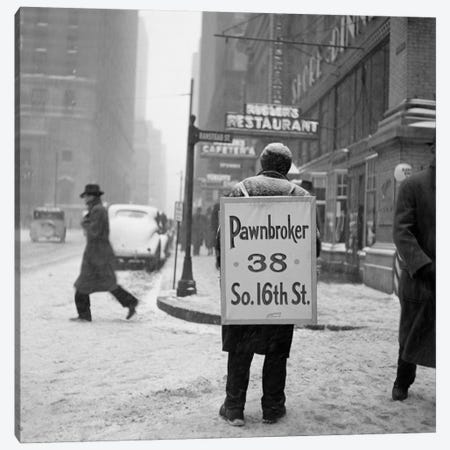 1930s Winter Street Scene Of Man Wearing Pawnbroker Sandwich Board Canvas Print #VTG137} by Vintage Images Canvas Art Print