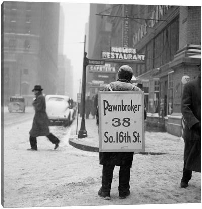 1930s Winter Street Scene Of Man Wearing Pawnbroker Sandwich Board Canvas Art Print