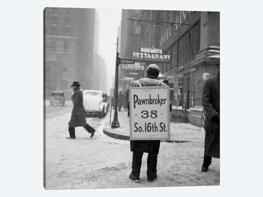 1930s Winter Street Scene Of Man Wearing Pawnbroker Sandwich Board by Vintage Images 1-piece Art Print